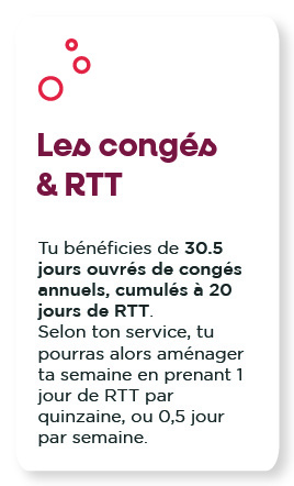 Les congés et RTT : Tu bénéficies de 30.5 jours ouvrés de congés annuels, cumulés à 20 jours de RTT.  Selon ton service, tu pourras alors aménager ta semaine en prenant 1 jour de RTT par quinzaine, ou 0,5 jour par semaine. 