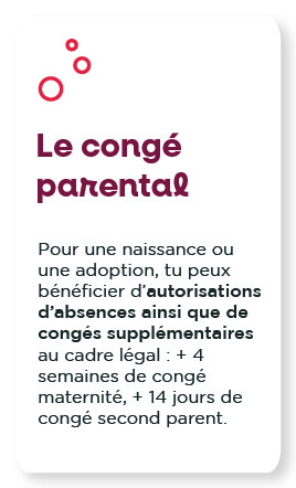 Le congé parental :Pour une naissance ou une adoption, tu peux bénéficier d’autorisations d’absences ainsi que de congés supplémentaires au cadre légal : + 4 semaines de congé maternité, + 14 jours de congé second parent. 